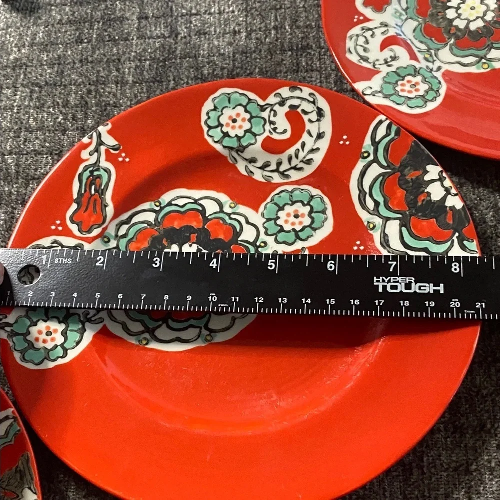 Anthropologie Vibrant Red Decorative Plate with Floral Design. Set of 5.